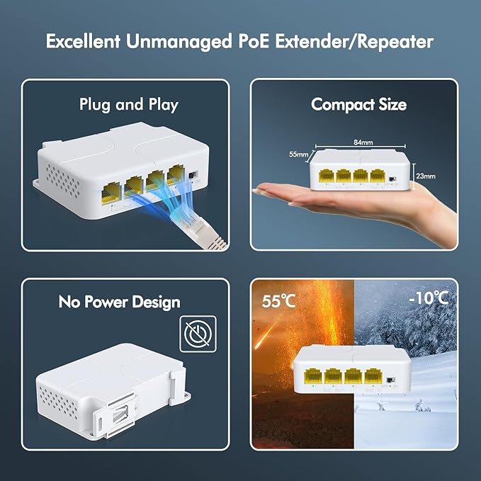 YuanLey 4 Port PoE Extender Gigabit with 3 PoE Out, IEEE 802.3af/at Mini 4 Channel Repeater 1000Mbps, VLAN, Wall and Din Rail Mount Passthrough POE Amplifier/Booster, Plug and Play