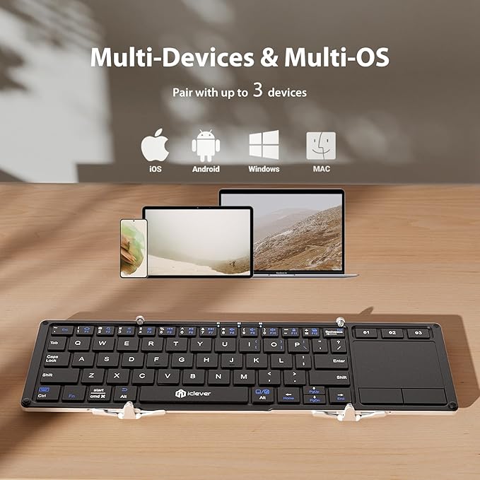 iClever Foldable Keyboard, BK08 Foldable Bluetooth Keyboard with Touchpad, Aluminum Build, USB-C Charge, Equipped with Stand Holder and Carrying Bag, Portable for Laptop, iPad, iPhone, Silver