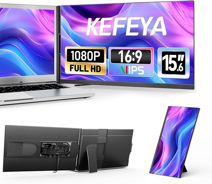 KEFEYA Laptop Screen Extender, 15.6" FHD 1080P IPS Portable Monitor for Laptop, Plug and Play Dual Monitor Extender for 13"-17.3" Laptops, Compatible with MAC, Windows, Android, Linux, Chrome