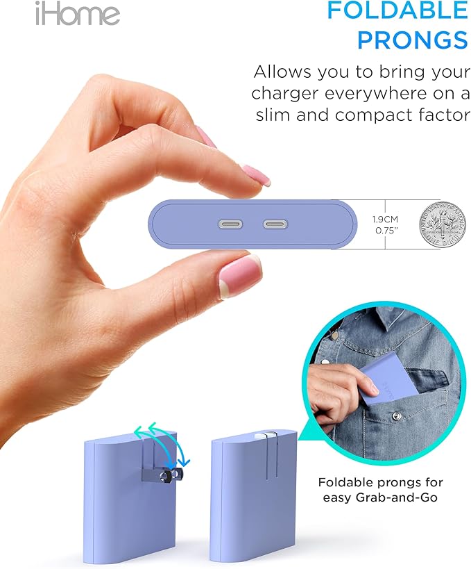 iHome Multiport 40W USB-C Charger, AC Pro 2-Port Flat Block, Dual Fast Charging Wall Adapter