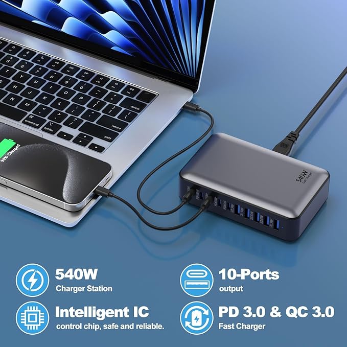 540W USB C Charger Block, 10 Port (5USBC+5UBSA) GaN III Fast Charging Station Hub, PD 100W and PD 65W Laptop Charger Adapter Compatible with MacBook Pro/Air, Lenovo, Dell, iPad, iPhone, Samsung