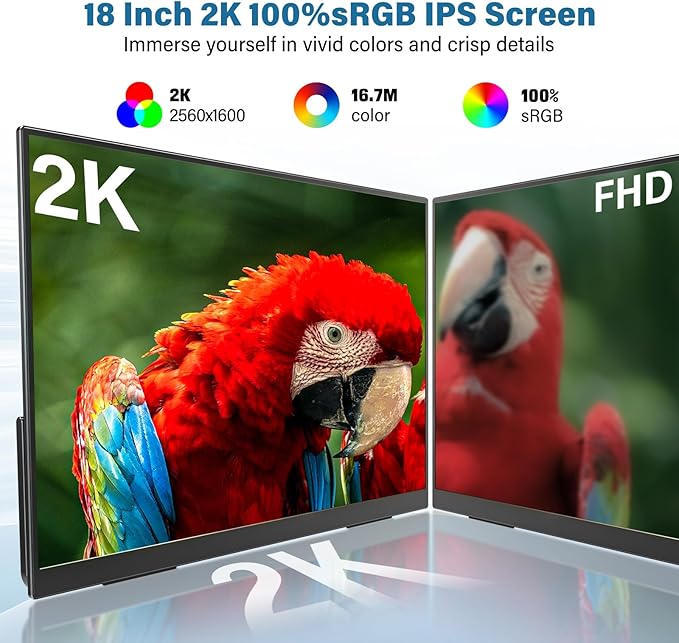 InnoView 2K 180HZ Portable Monitor, 18" OD Gameplus 2560x1600 QHD 100% sRGB Portable Gaming Monitor with Kickstand HDR FreeSync Travel Monitors for Game Console, PS5, Switch, PC, Phone