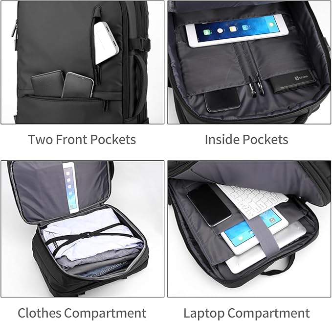 Travel Backpack for Men Women, Expandable Backpacks with Charging Port for Business Work Commute Casual, Black