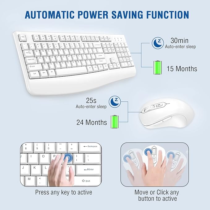 Wireless Keyboard and Mouse Combo, EDJO Full-Sized Ergonomic Computer Keyboard with Wrist Rest and 3 Level DPI Adjustable Wireless Mouse for Windows, Mac OS Desktop/Laptop/PC (White)