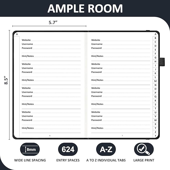 Password Book with Individual Alphabetical Tabs Laminated, Large Print Password Keeper Book for Seniors, A5 Hardcover Internet Password Log Book to Record Website Login Details - Black