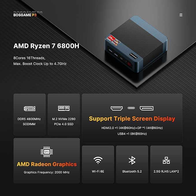 BOSGAME P3 Lite Mini PC Gaming Computers Ryzen 7 6800H, Radeon 680M Graphics, 32GB DDR5 RAM, 1TB PCIe 4.0x4 SSD,Triple Display (HDMI/DP/USB4),USB4 8K 60Hz,WiFi 6E,BT5.2,Dual 2.5GbE LAN
