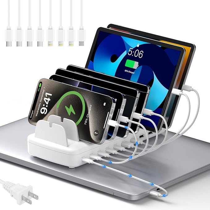 260W Cell Phone Charging Station for Multiple Devices, 10-Port USB C Fast Charger Hub for MacBook, iPhone, Android, iPad, Tablet, Kindle, Family Multi-Device Organizer Charging Dock, White