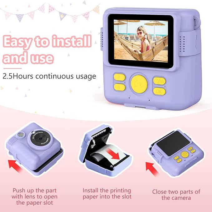 Instant Print Camera for Kids,Christmas Birthday Gifts for Age 3-12 Girls Boys，1080P HD Digital Video Cameras for Toddler,Kids Portable Toy with 3 Rolls Photo Paper，32GB Card-Purple