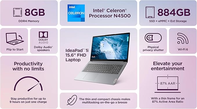 Lenovo IdeaPad Laptop Computer 2025, 15.6" Display, 8GB RAM, 884GB Storage (256GB SSD + 128GB eMMC + 500GB Ext), Intel Dual Core Processor, Long Battery, MarxsolAccessory, 1 Year Office 365, Win 11
