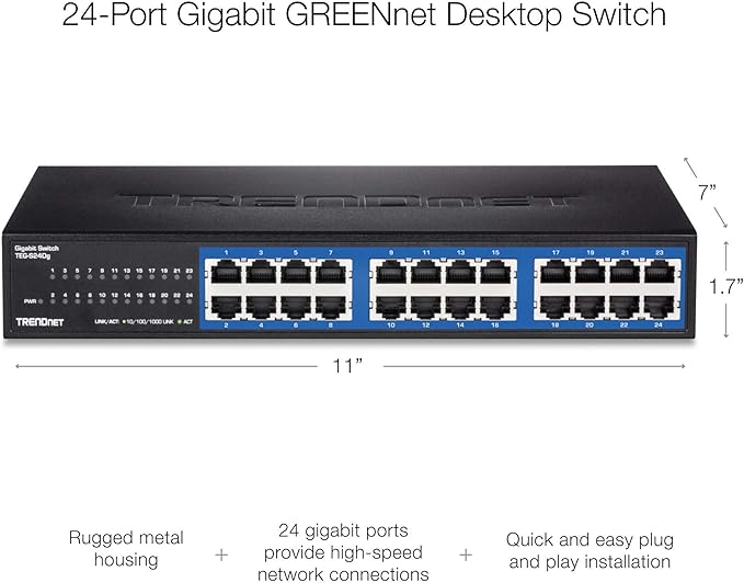 TRENDnet 24-Port Unmanaged Gigabit GREENnet Desktop Switch, Ethernet Network Switch, 24 x 10-100-1000 Gigabit Ethernet RJ-45 Ports, 48Gbps Switching Capacity, Lifetime Protection, Black, TEG-S24DG