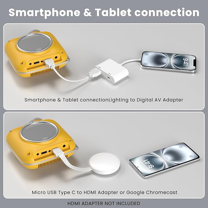 Mini Projector with Two -Way Bluetooth, Portable Projector for Home Theater Use, Support 1080P for Outdoor Projector/Movie Projector Compatible with HDMI, USB, Laptop, TV Stick (Yellow)