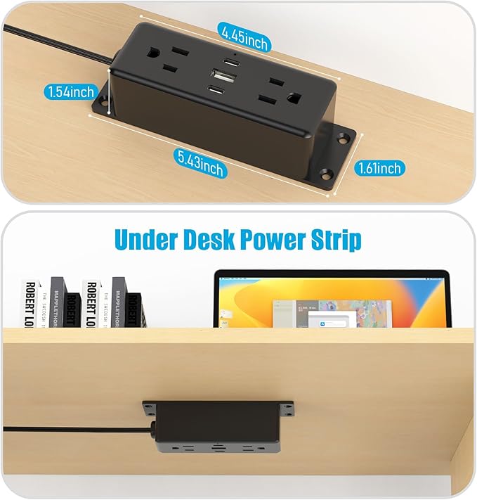 CCCEI 2 Pack Wall Mount Power Strip with USB Ports, Under Desk Mountable Power Strip with Outlets, 1FT Flat Plug Extension Cord Outlet, 20W USB-C Ports.