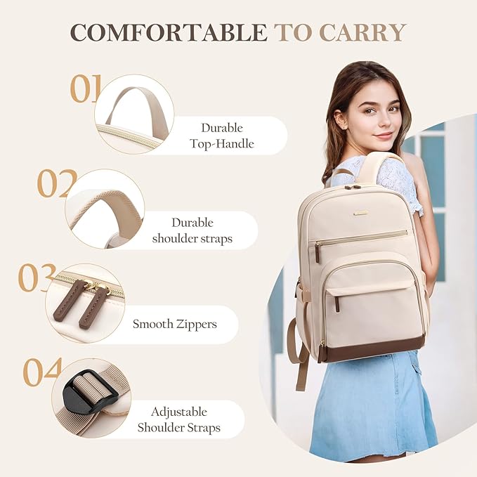 TENSTAR Laptop Backpack for Women, Computer Backpack Fit 16 Inch Notebook, Large Capacity College Backpack Bookbag Casual Daypack for Travel, Black with Beige