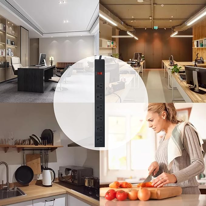 2Pack Metal Wall Mount Power Strip, Mountable Power Outlet with 6 AC Outlets, Aluminum Alloy Mount Power Socket with Switch, 6 FT SJT 3/C 14AWG Power Cord, 15A 125V 1875W (6AC)