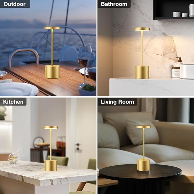 Kakanuo Cordless Lamp, Rechargeable Lamp, Touch Control, 3 Color Temperature, LED Outdoor Wireless, Battery Operated Lamps, Stepless Dimmable, Gold