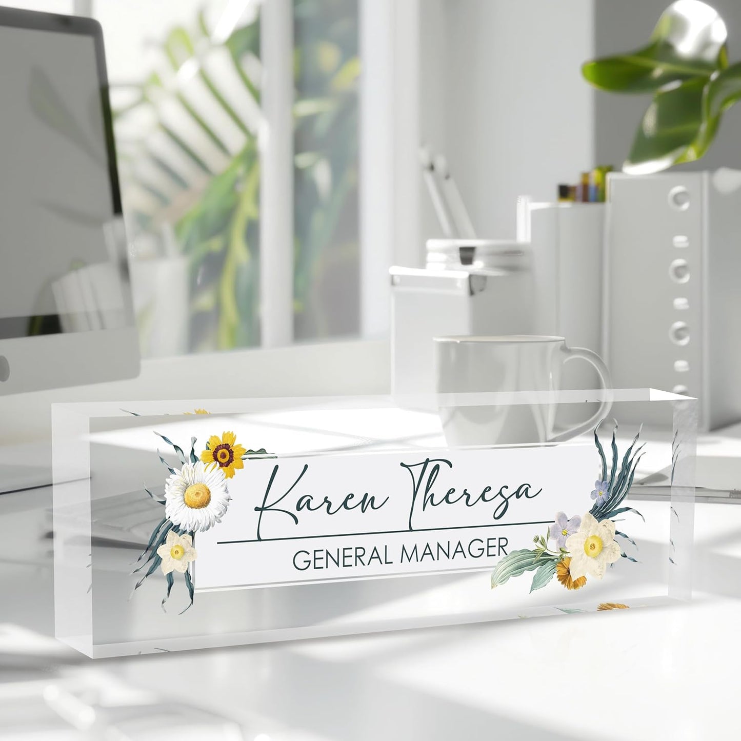 Custom Office Name Plate, Personalized Gifts for Women & Employees, Office Desk Accessory (Little Daisy)