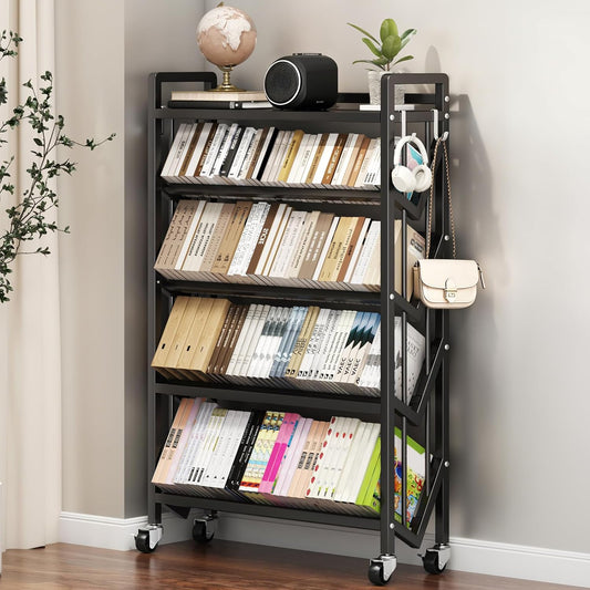 Bookshelf Movable Book Cart Multi-Layer Storage Rack Large-Capacity Rolling Cart L-Shaped Carbon Steel Shelf Suitable for Storing Books, Magazines, Newspapers, Shoes