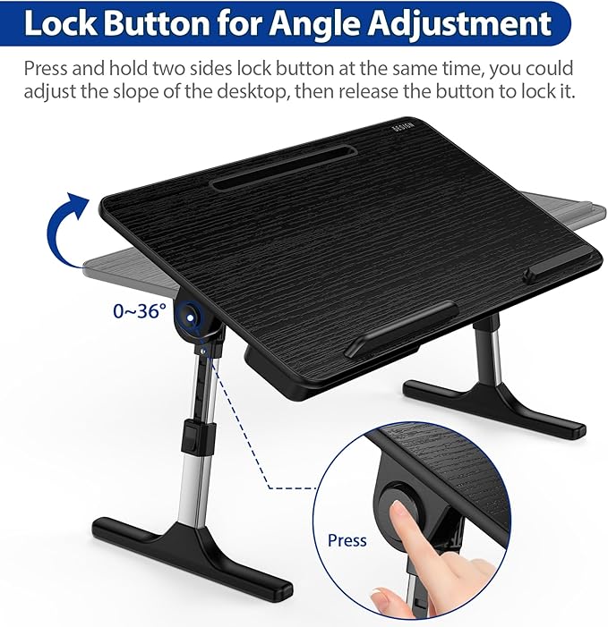 Besign LT05 Adjustable Laptop Table, Lap Desk, Portable Standing Bed Desk, Foldable Sofa Breakfast Tray, Notebook Computer Stand for Reading and Writing, Medium Size, Black