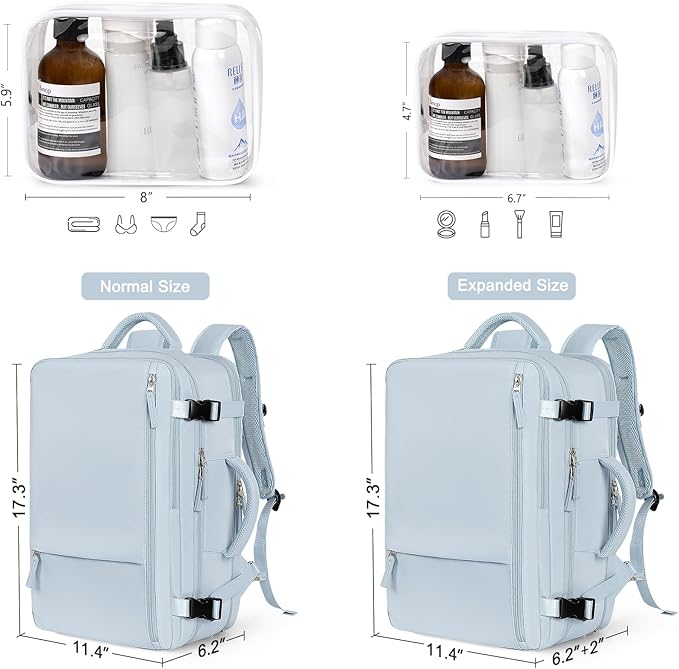 Hanples Large Travel Backpack for Women, 35L Carry on Luggage Backpack,17 Inch Laptop Backpack with USB Charging Port, Waterproof Casual Bag Gift for Men with 2 Toiletry Bags (Light Blue)