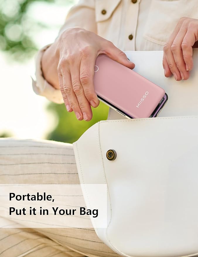 miisso 10000mAh Slim Portable Charger with Built in Cable, Power Bank Travel Charger External Battery Pack for Phone, 4 Output USB Type C Cord Clutch Charger Compatible with iPhone, Light Pink‌