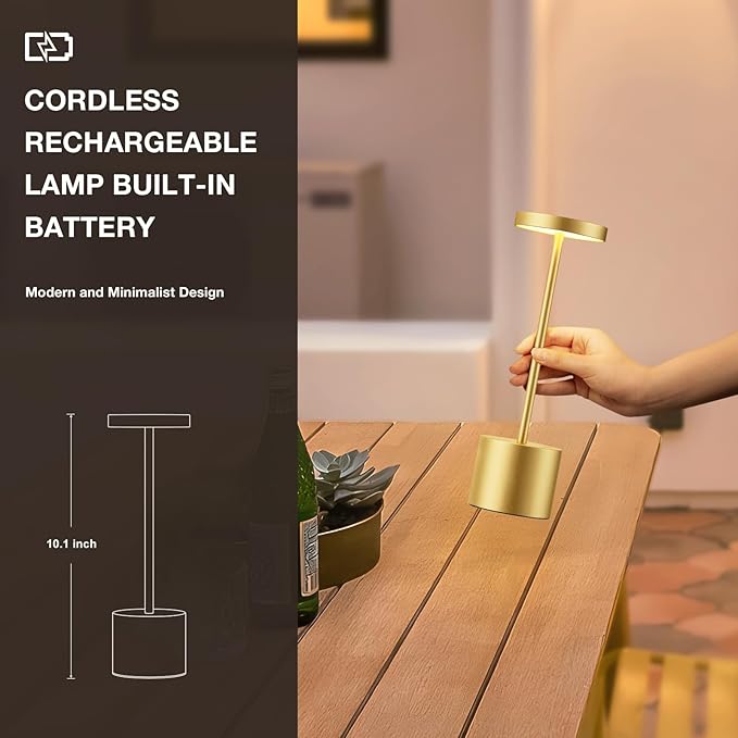 Kakanuo Cordless Lamp, Rechargeable Lamp, Touch Control, 3 Color Temperature, LED Outdoor Wireless, Battery Operated Lamps, Stepless Dimmable, Gold