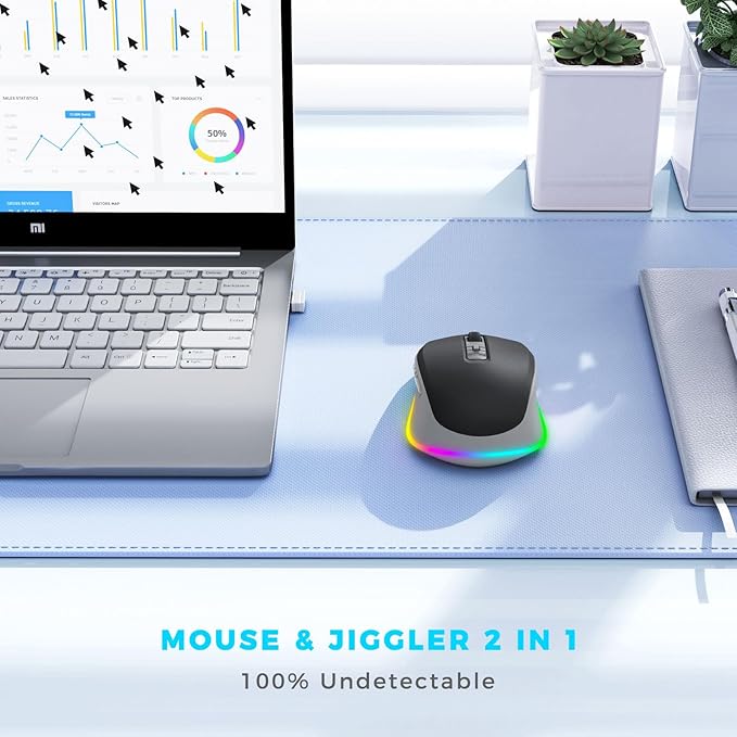 PEIOUS Wireless Mouse Jiggler - LED Wireless Mice with Build-in Mouse Mover, Rechargeable Moving Mouse for Laptop with Undetectable Random Movement Keeps Computers Awake - Black & Grey