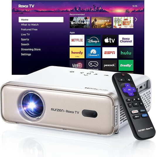 Aurzen Roku TV Smart Projector with Wifi and Bluetooth, Roku Streaming Experience Built-in, 1080P FHD, Dolby Audio, Auto Focus & Keystone, Zoom, Movie Portable Outdoor Mini Projector, Gold