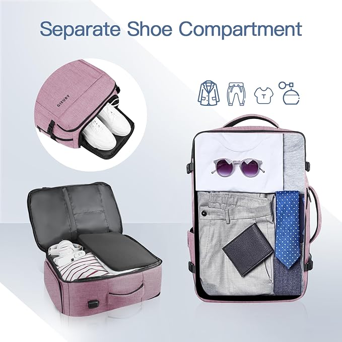 Carry On Backpack, 40-50L Travel Backpack for Men & Women, Expandable Backpack For Airplanes, 17 Inch Laptop Backpack, Luggage Suitcase 40L Daypack Lightweight Business Weekender Bag, Light Pink