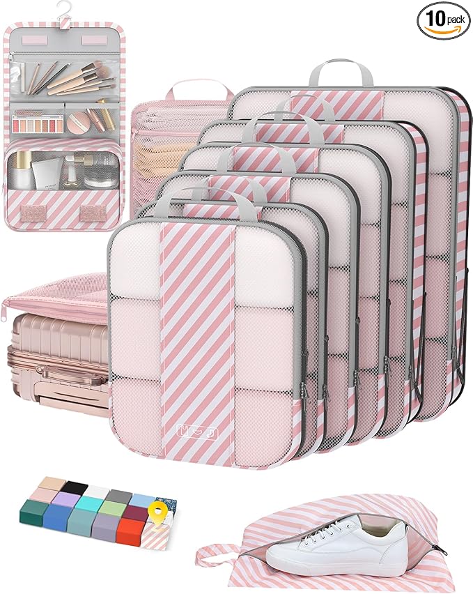 10 Set Compression Packing Cubes for Travel Essentials,Compressible Expandable Packing Cubes for Suitcase,OlarHike Luggage Organizer Bags for Travel,Handy Helper for Organizing Clothes(Pink Stripped)