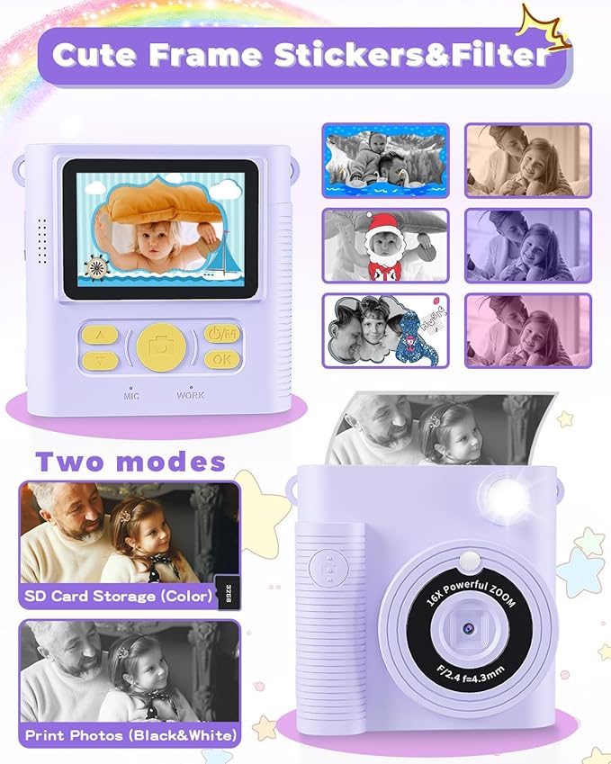 Kids Camera Instant Print, Christmas Birthday Gifts Girls Boys Aged 3-12, HD Digital Video Cameras Toddler, Instant Cameras for 3 4 5 6 7 8 9 10 Year Old Girls Boys with Print Paper