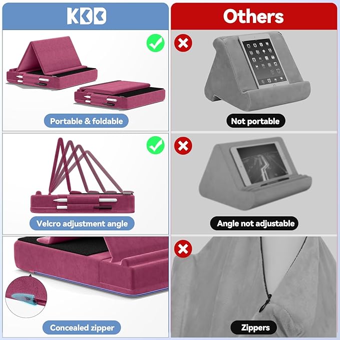 KDD Tablet Pillow Stand, Multi-Angle Viewing Ipad Holder for Lap, Bed and Desk, Foldable Soft Pad Dock with Stylus Mount Compatible with Ipad Pro 12.9, 10.5, 11, Air, Mini, Phones, Books, E-Reader