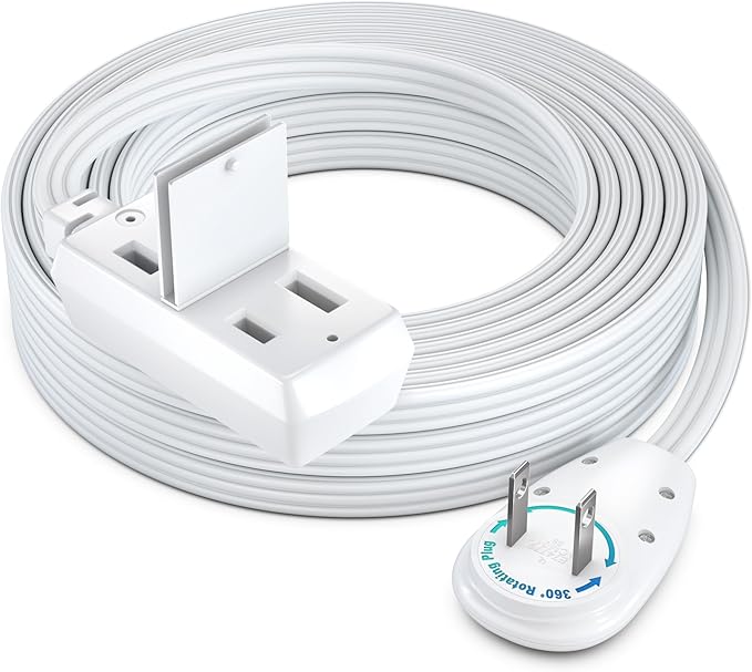 Maximm 20ft Extension Cord – 2-Prong Flat 360° Rotating Plug – Extended Reach Power Cable – Space-Saving Design – UL Certified – White