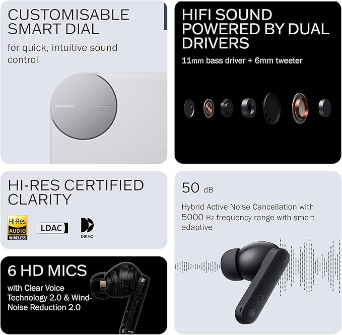 CMF Buds Pro 2 Wireless Earbuds with Smart Dial, 50dB Hybrid Noise Cancelling Earbuds Wireless Bluetooth 5.3, 11mm Bass with LDAC, 6 Hi-Res Audio Mics, 43H Playtime, Fast Charging Case, Orange