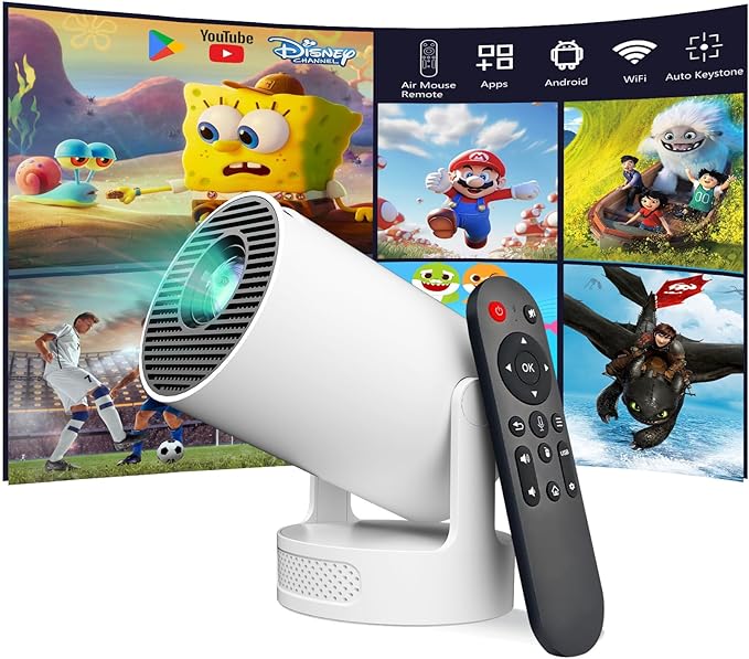 Mini Projector Android, WiFi Bluetooth 1080P Support HD Smart Projector with Apps, Auto Keystone, 180° Rotation, Portable Home Outdoor Movie Projector, Compatible Smartphone, Laptop, HDMI