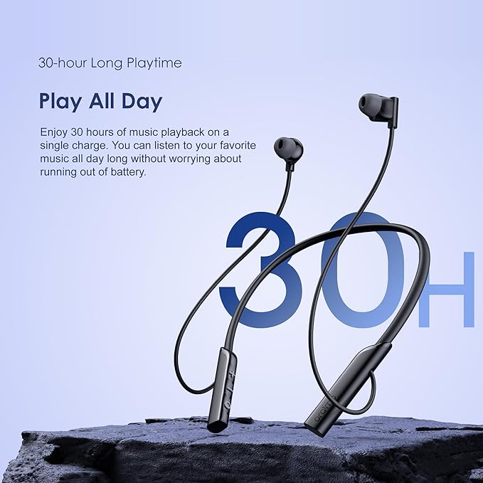 Oraimo NeckLite Wireless Neckband Earbuds, Wearable Around Neck Headphones Built-in Microphone, Bluetooth Headset Magnetic Earphones Deep Bass, Ultra-Lightweight Comfort, 30H Playtime, Black