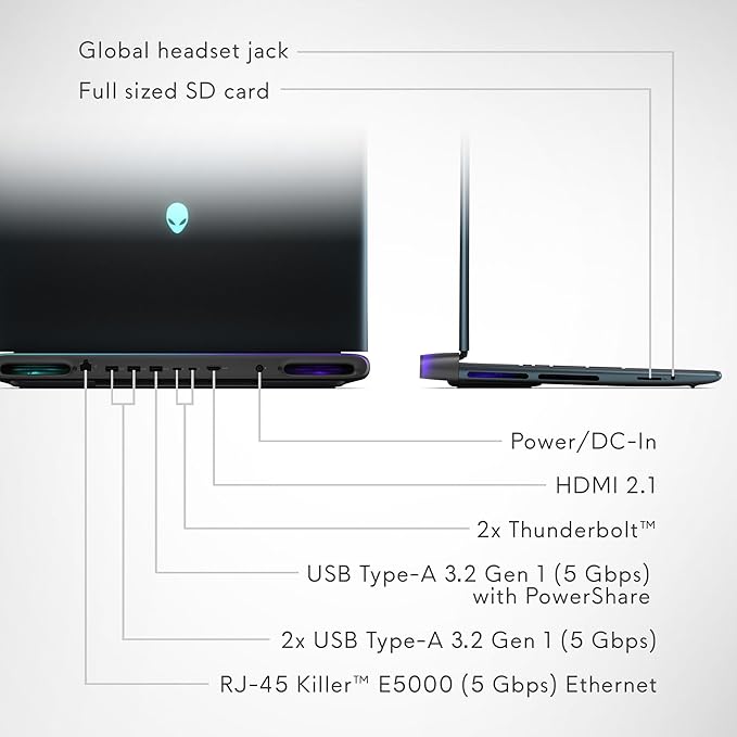Alienware 18 Area-51 Gaming Laptop AA18250-18.0" WQXGA 300Hz 3ms Display, Intel Core Ultra 9 275HX, NVIDIA GeForce RTX 5080 Graphics, 32GB 2x16GB DDR5, 2TB NVMe M.2 PCIe Gen5 SSD, 2MP FHD IR Camera