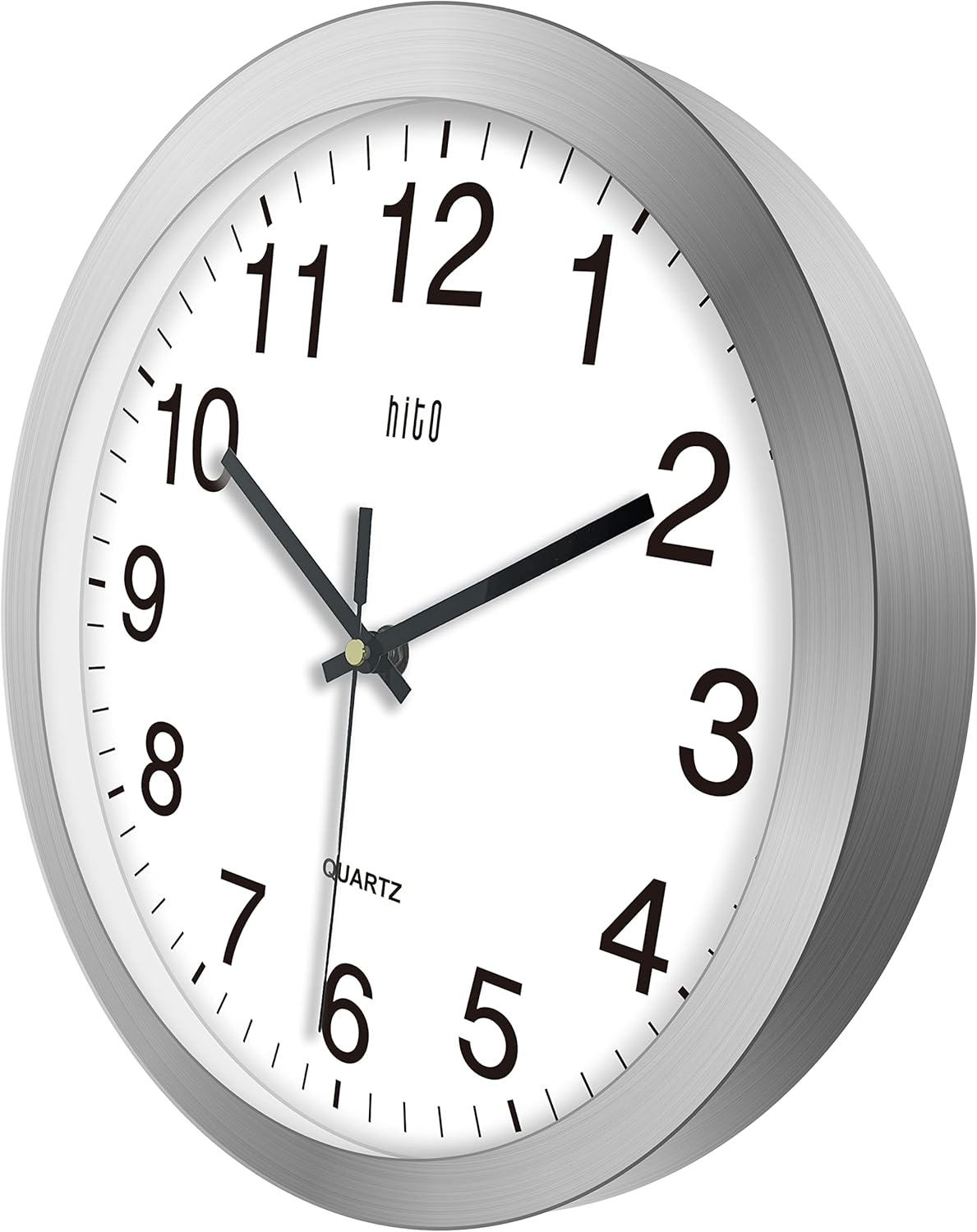 HITO 12 Inch Silent Wall Clock Battery Operated Non Ticking Glass Cover Silver Aluminum Frame, for Kitchen, Bedroom, Home Office, Living Room Decor