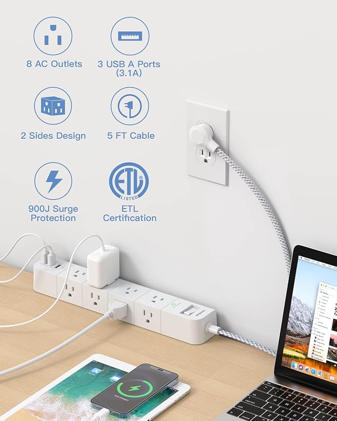 One Beat 5 ft Extension Cord,Power Strip Surge Protector 8 Widely AC Outlets 3 USB,Flat Plug, Desktop Charging Station with Overload Protection,Wall Mount for Home,Office,Travel,Computer ETL Listed