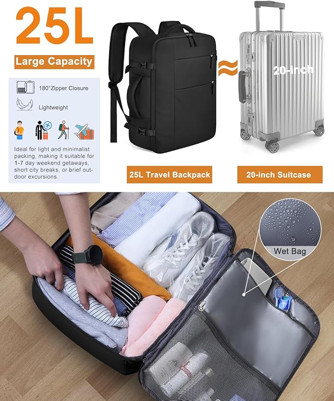 Capolo Travel Backpack for Women Men Waterproof Laptop Backpack Airlines Approved Carry On Backpack Bag Computer Bookbag for Business, Work, Traveling Fits 17 Inch Laptop(Black Zipper)