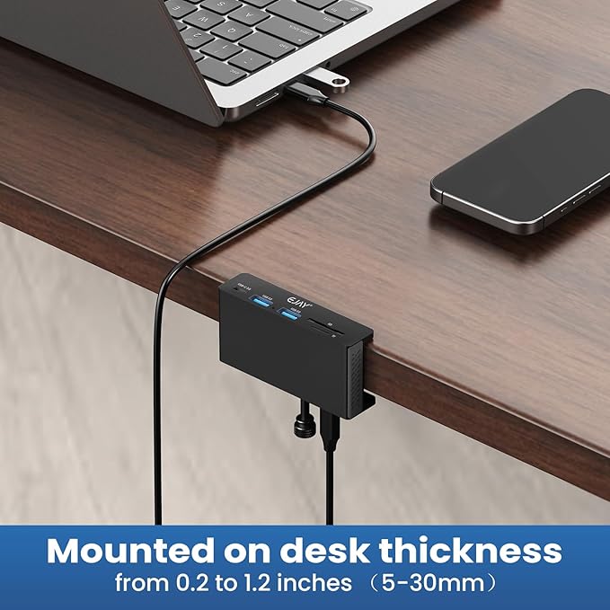 EJAY 5Ports USB3.0 HUB Alu Splitter Desktop Docking with TF&SD Card Reader for Desk/Monitors Clipping with Extra Power Supply Port,59inches Data & 39inches Power Cable-5Gbps(JK-2A1CTS-BK)