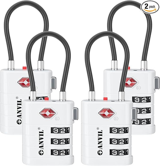 ANVIL TSA Approved Luggage Locks – High Security TSA008 Combination Travel Locks with Inspection Indicator for Suitcases and Backpacks. (4, White)