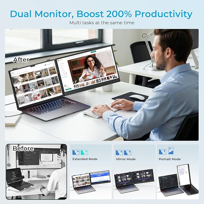 Laptop Screen Extender Ultra-Thin, 14" FHD 1080P Dual Portable Monitor for Laptop, 1.3lbs Lightweight Travel Monitor Extender Fit 13”-17.3”, Plug and Play for Windows/Mac/Android/Chrome