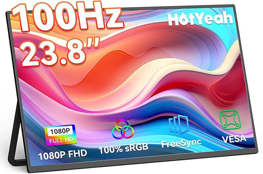 HotYeah 23.8" 100Hz Portable Monitor, 1080P FHD 100% sRGB IPS USB-C HDMI Large External Monitor, Home Gaming 2nd Screen w/180° Adjustable Kickstand for MacBook, Laptop, PC, Phone, Tablet, Switch, PS5