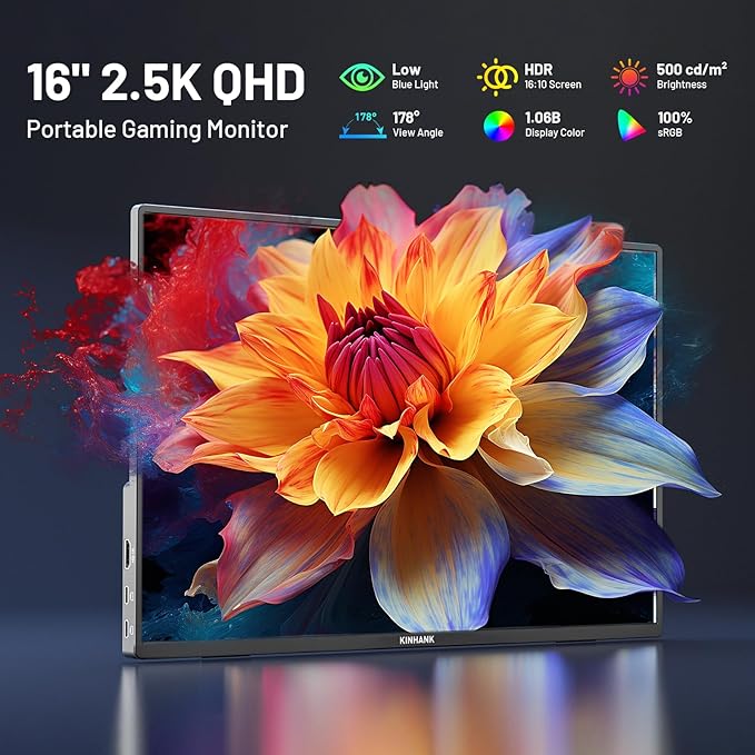 2.5K 144Hz Portable Gaming Monitor 16", 2560x1600, Plug & Play, 100% sRGB, 500nits, 16:10, Eye Care Second Computer Display with Speakers for Laptop, PC, Mac, P-S4/5, Sw-tch, X-BO, USB-C/HDMI, (K16G)