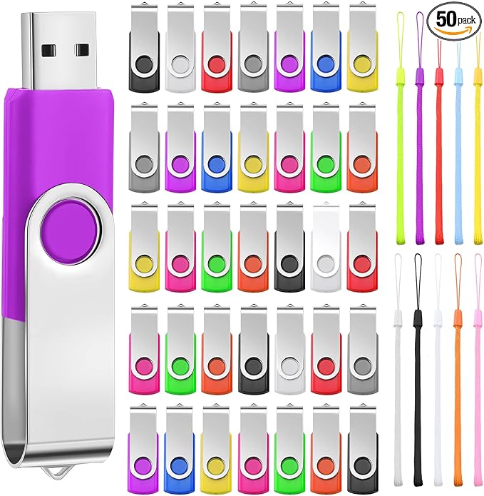 50 Pack USB Flash Drives Bulk with Lanyards USB 2.0 Thumb Drive Swivel Storage Flash Pack Bulk with LED Light for Data Storage Backup, 10 Colors (256 MB)