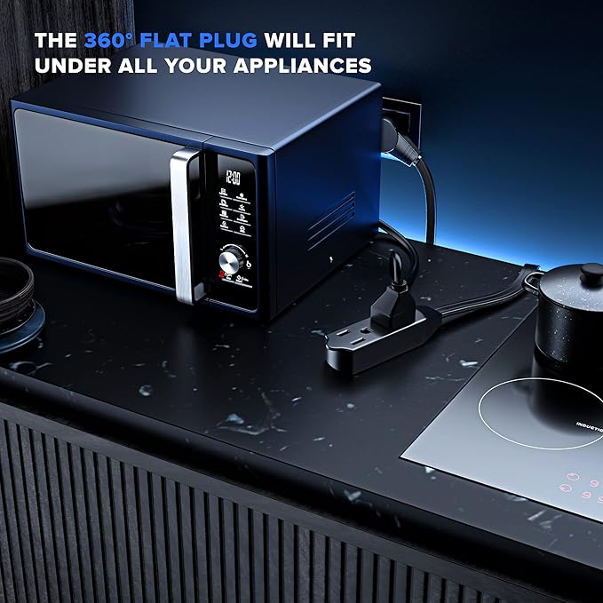 Maximm Cable 4 Ft 360° Rotating Flat Plug Extension Cord, 16/3 AWG Multi 3 Outlet 3-Prong Grounded Wire- Black - UL Certified