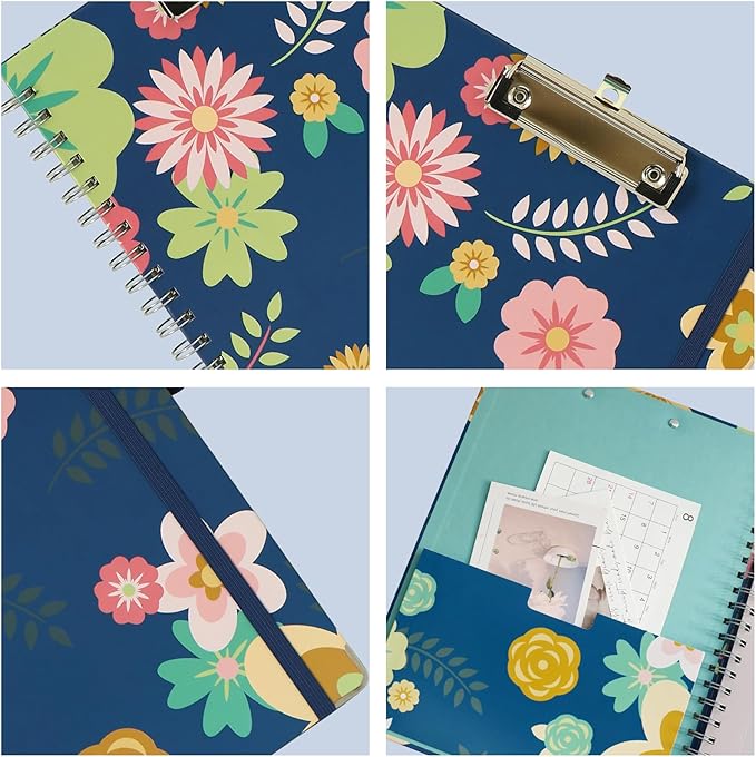 Clipboard Folio Spiral Folder Board,5 Extra Folders with 10 Storage Pockets,Refillable Lined Fillable Notepad,Folded Clipboard with Storage,Suitable for Office,School and Student (Blue Flowers)