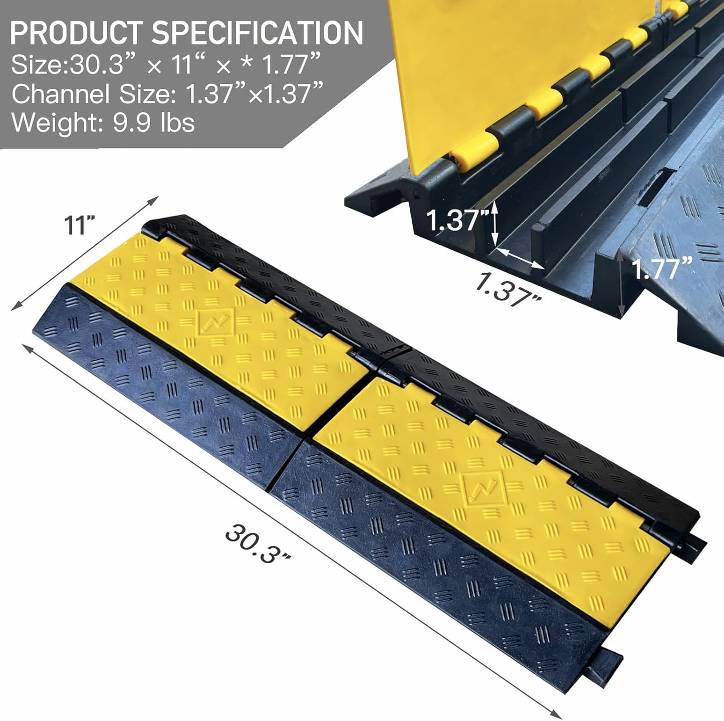 Foldable 3 Channel Rubber Cable Protector, 22000Lbs Load Capacity Wire Hose Pipe Hider Protective Ramp, Driveway Traffic Speed Bump for Asphalt Concrete Gravel Driveway Indoor Outdoor (1PACK)