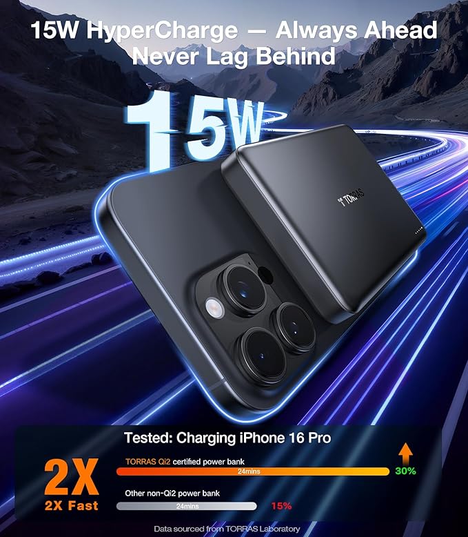 TORRAS MiniMag Qi2 Power Bank, Ultra-Slim 10,000mAh iPhone Air Magnetic Battery Pack, Qi2 Certified 15W Ultra-Fast Compatible Portable Charger, Ergonomic Design, for iPhore 17/16/15/14/13/12, Gray