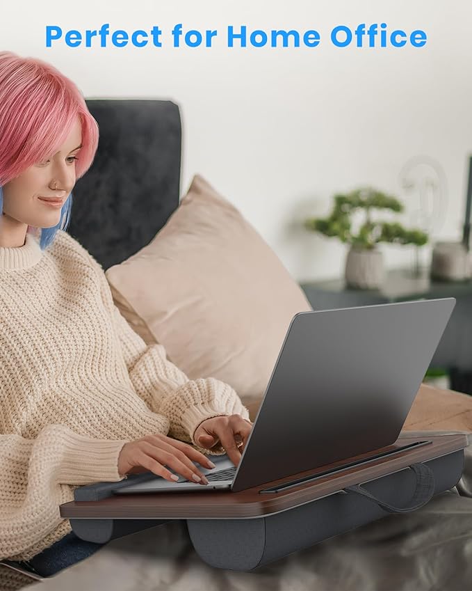 Portable Lap Desk, Laptop Stand for Bed with Soft Wrist Rest, Tablet/Phone Slot, Fabric Handle, Laptop Bed Table with Cushion (Dark Brown)